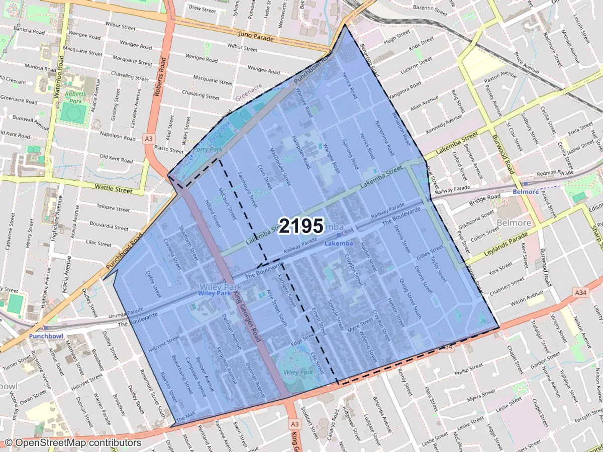 Map of Lakemba, NSW, showing its postcode areas as colored shapes and the suburb outline as a dashed line