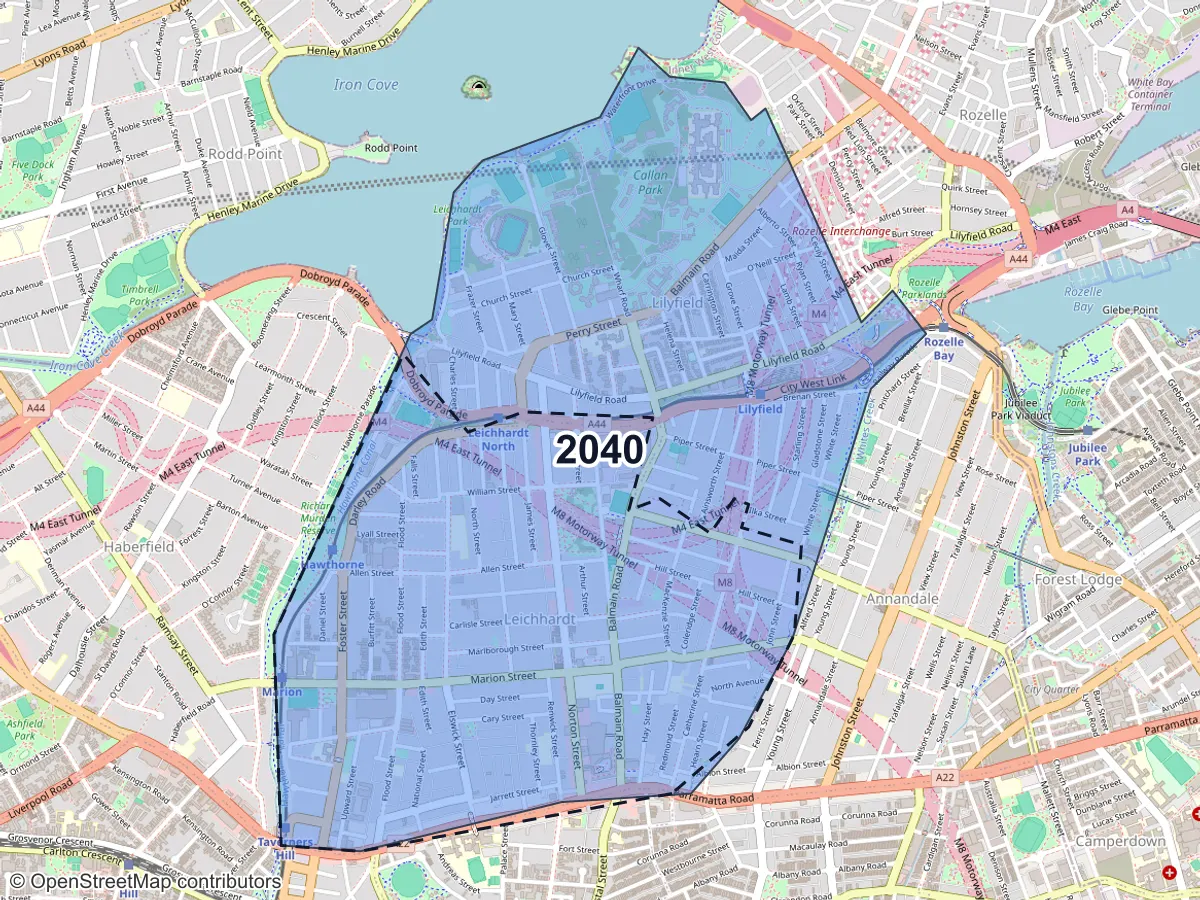 Map of Leichhardt, NSW, showing its postcode areas as colored shapes and the suburb outline as a dashed line