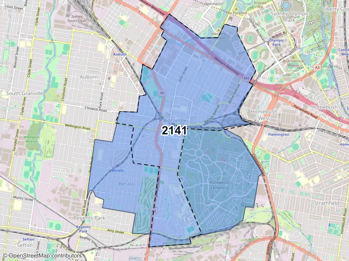 Map of Lidcombe, NSW, showing its postcode areas as colored shapes and the suburb outline as a dashed line