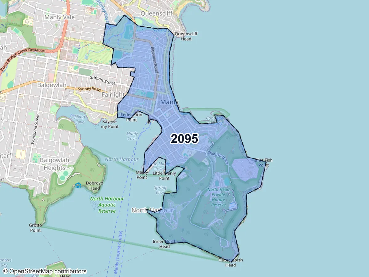 Map of Manly, NSW, showing its postcode areas as colored shapes and the suburb outline as a dashed line