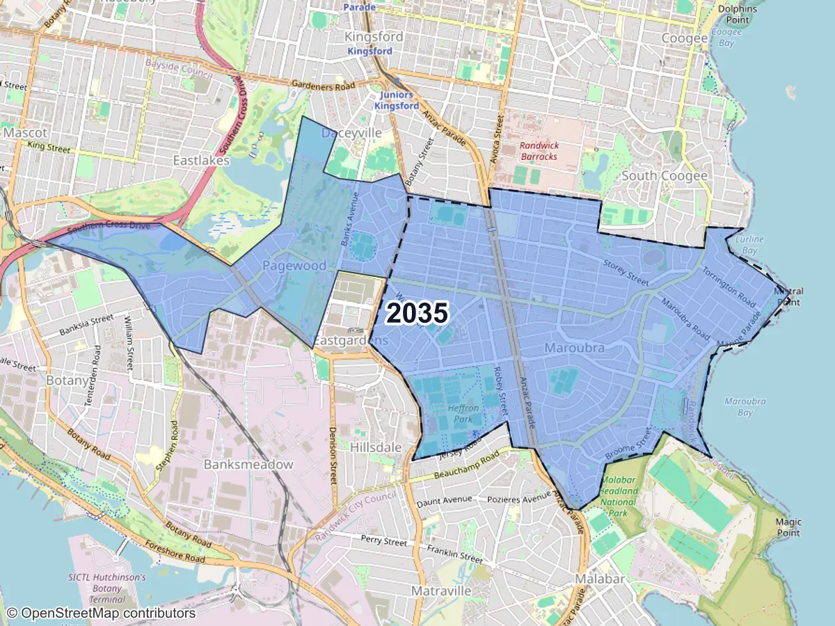 Map of Maroubra, NSW, showing its postcode areas as colored shapes and the suburb outline as a dashed line