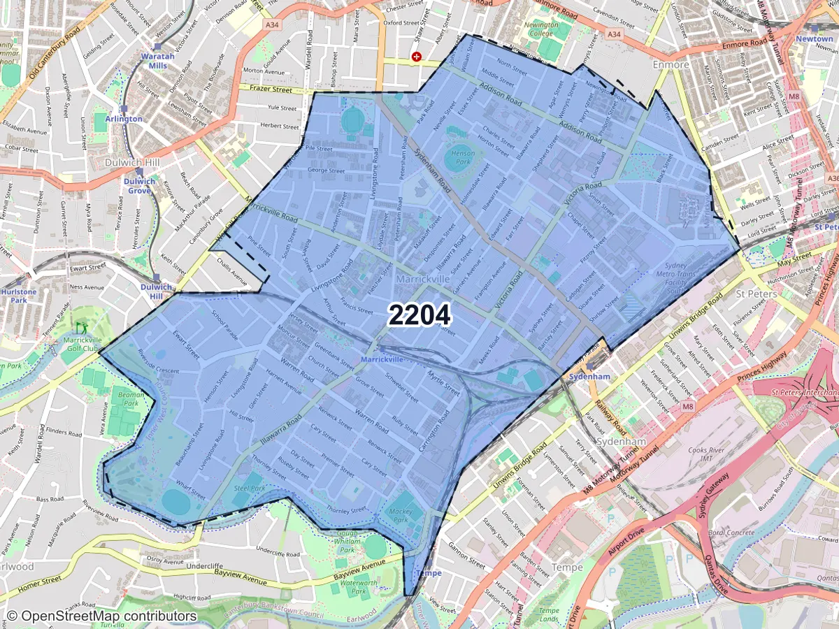 Map of Marrickville, NSW, showing its postcode areas as colored shapes and the suburb outline as a dashed line