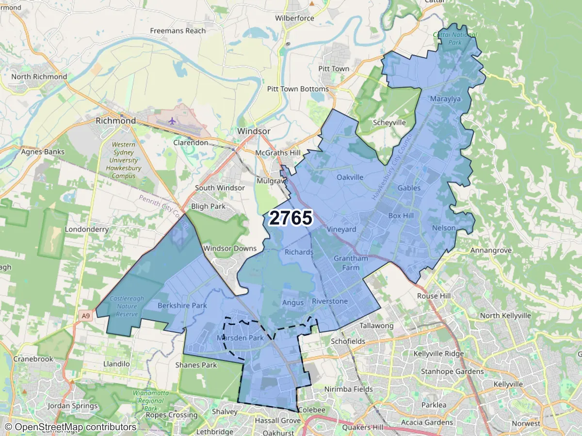 Map of Marsden Park, NSW, showing its postcode areas as colored shapes and the suburb outline as a dashed line