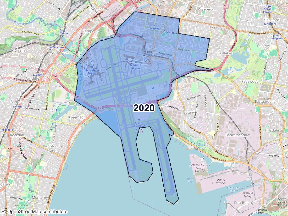 Map of Mascot, NSW, showing its postcode areas as colored shapes and the suburb outline as a dashed line