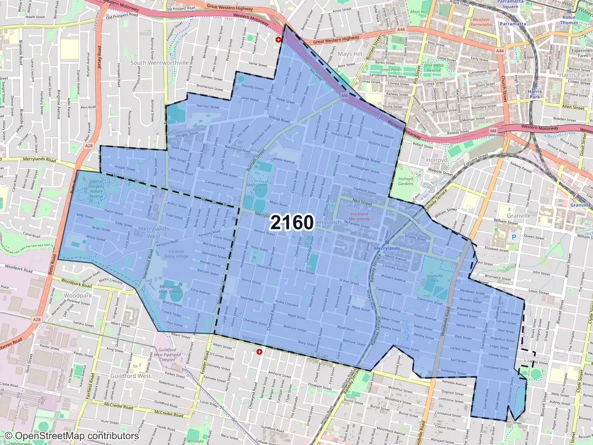 Map of Merrylands, NSW, showing its postcode areas as colored shapes and the suburb outline as a dashed line