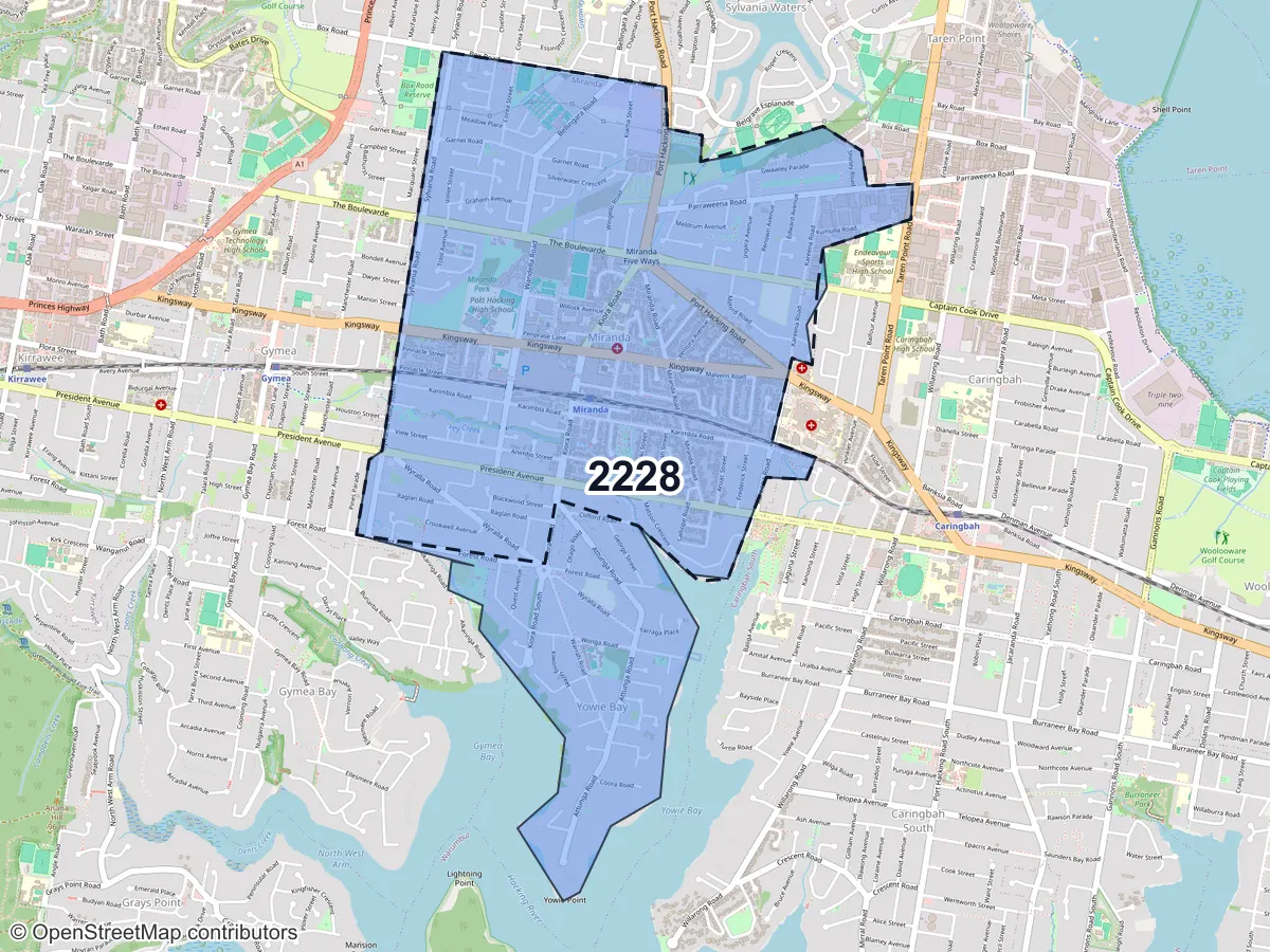 Map of Miranda, NSW, showing its postcode areas as colored shapes and the suburb outline as a dashed line