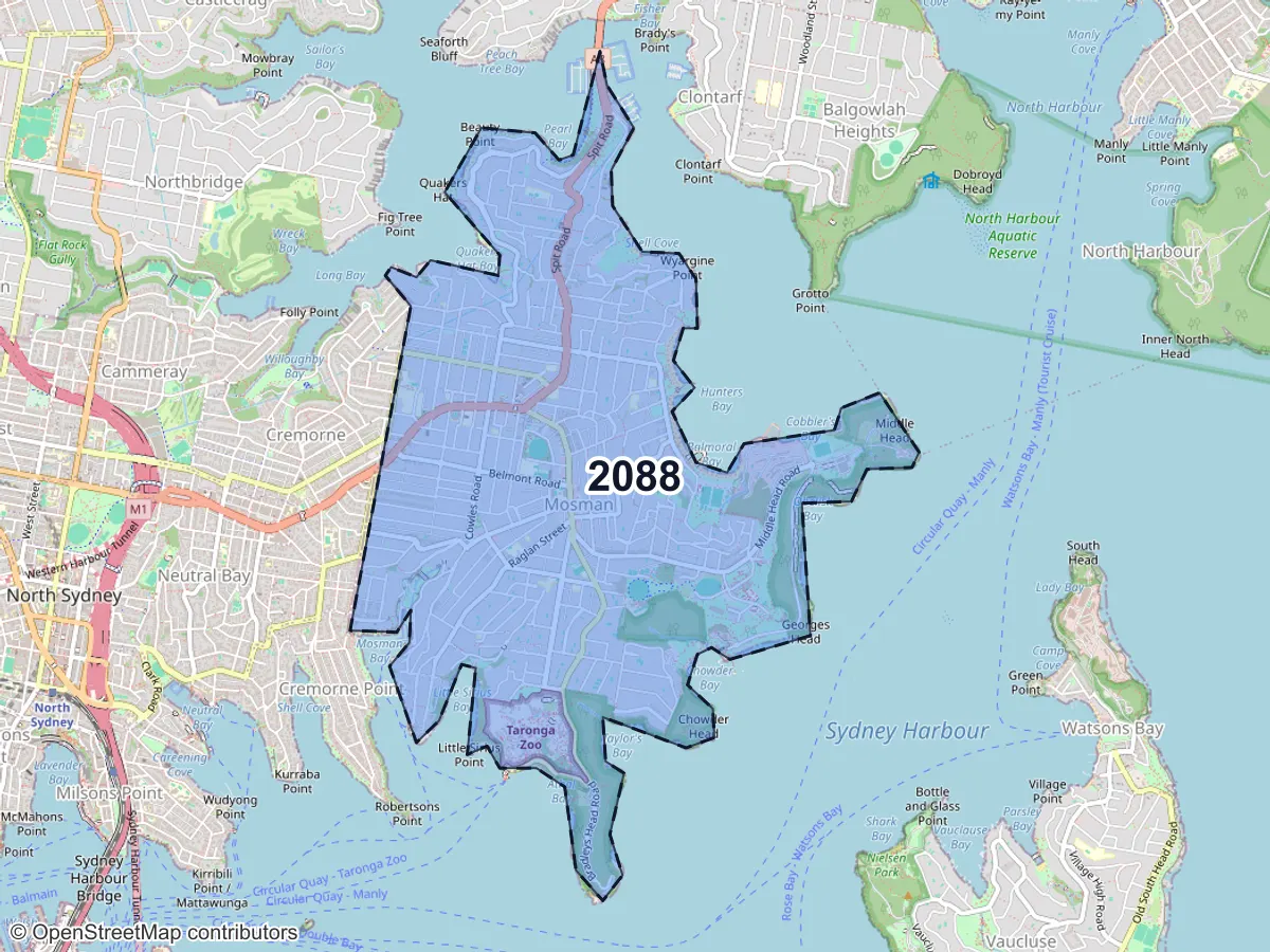 Map of Mosman, NSW, showing its postcode areas as colored shapes and the suburb outline as a dashed line