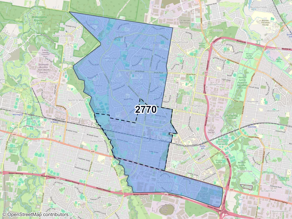 Map of Mount Druitt, NSW, showing its postcode areas as colored shapes and the suburb outline as a dashed line
