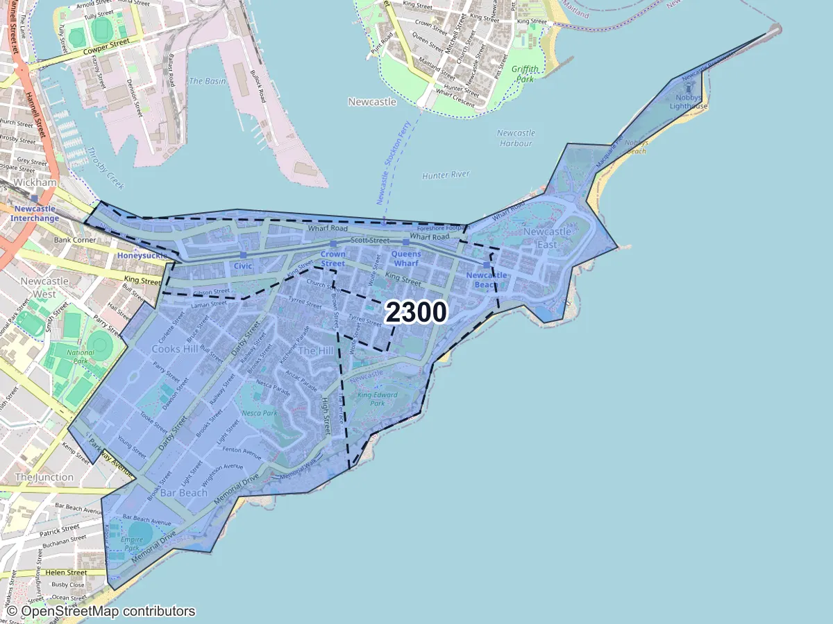 Map of Newcastle, NSW, showing its postcode areas as colored shapes and the suburb outline as a dashed line