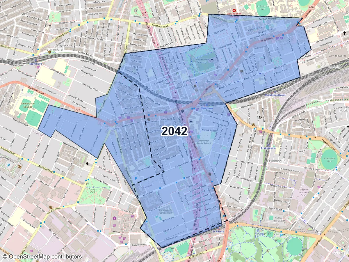 Map of Newtown, NSW, showing its postcode areas as colored shapes and the suburb outline as a dashed line