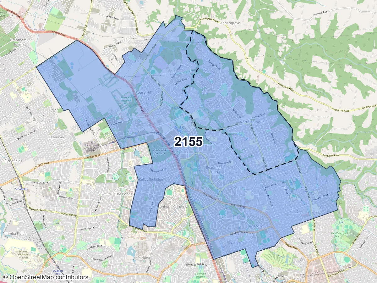 Map of North Kellyville, NSW, showing its postcode areas as colored shapes and the suburb outline as a dashed line