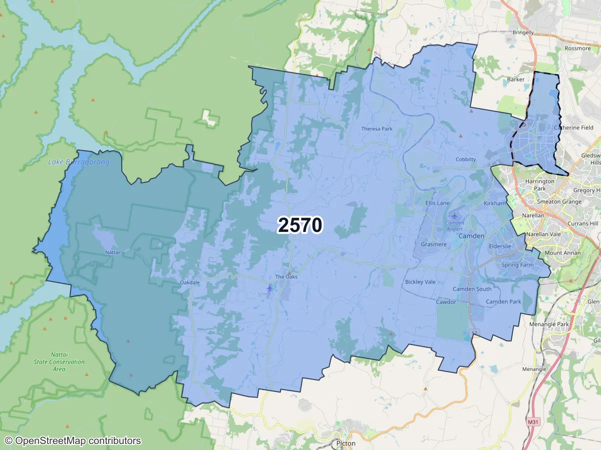 Map of Oran Park, NSW, showing its postcode areas as colored shapes and the suburb outline as a dashed line