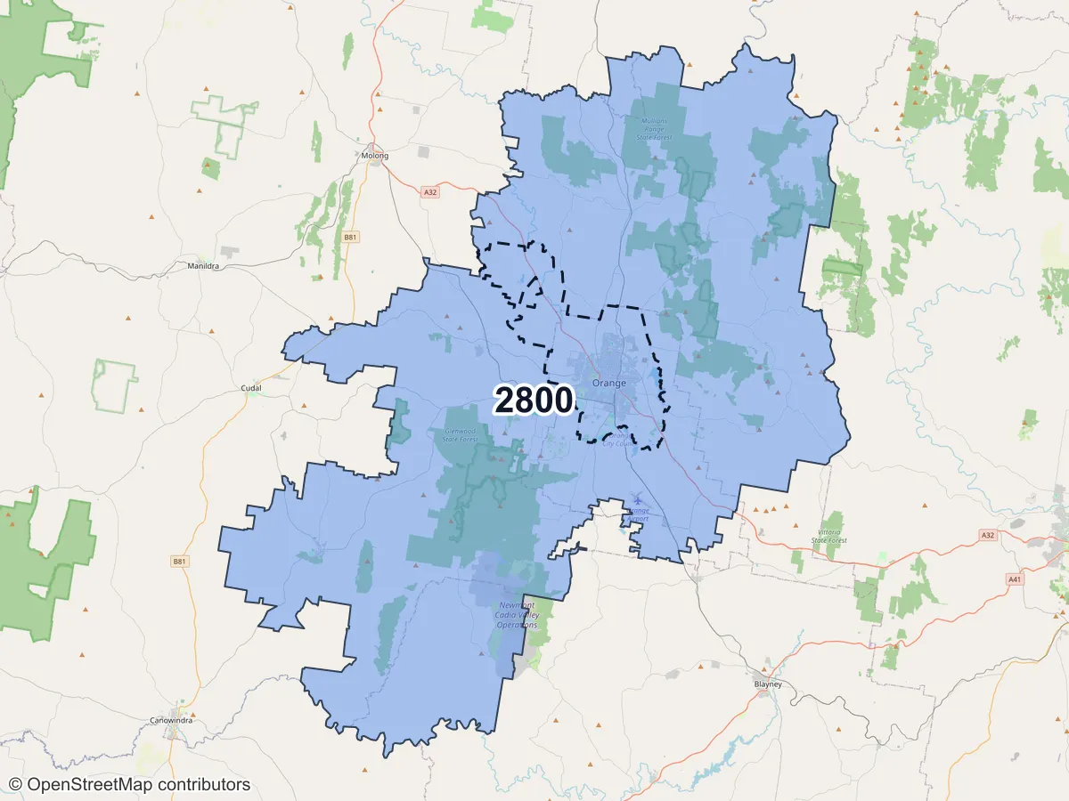 Map of Orange, NSW, showing its postcode areas as colored shapes and the suburb outline as a dashed line