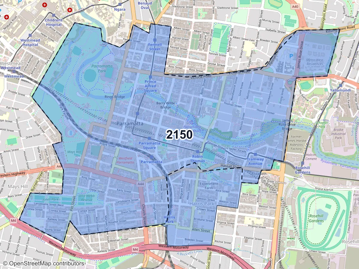 Map of Parramatta, NSW, showing its postcode areas as colored shapes and the suburb outline as a dashed line