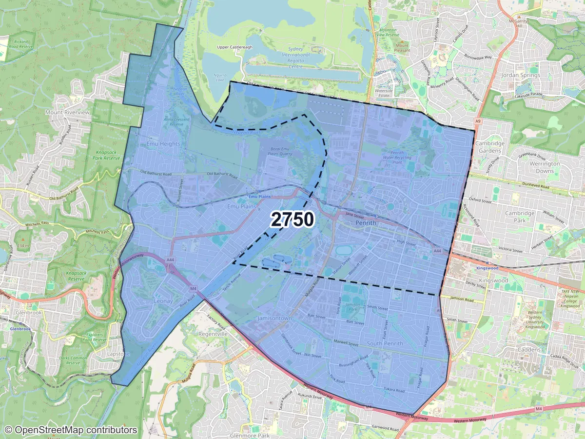 Map of Penrith, NSW, showing its postcode areas as colored shapes and the suburb outline as a dashed line