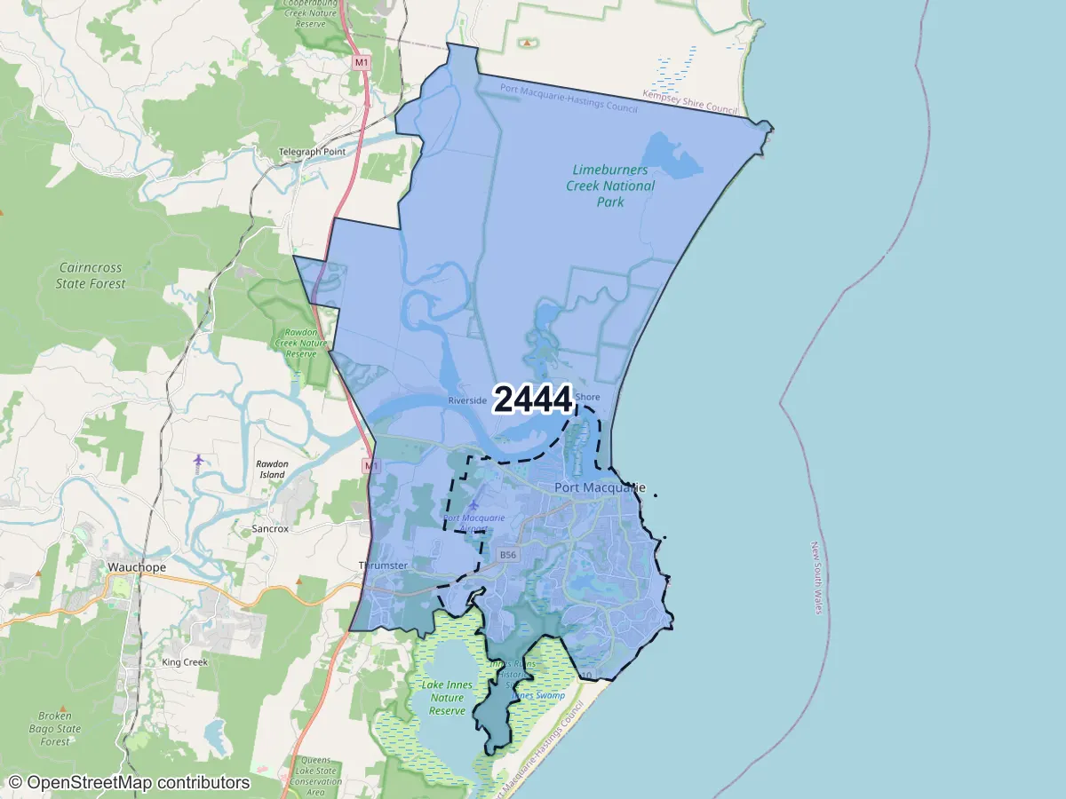 Map of Port Macquarie, NSW, showing its postcode areas as colored shapes and the suburb outline as a dashed line