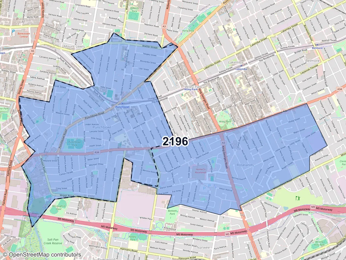 Map of Punchbowl, NSW, showing its postcode areas as colored shapes and the suburb outline as a dashed line