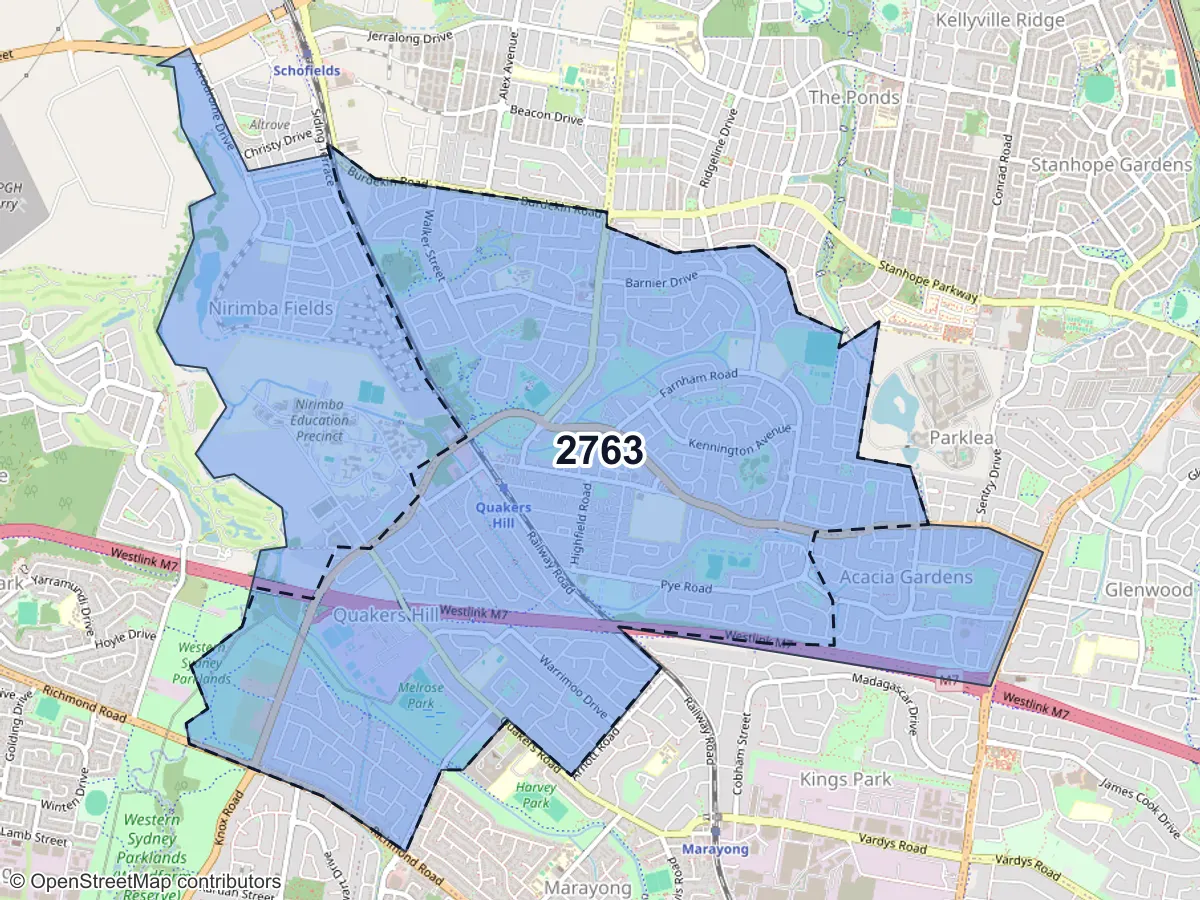 Map of Quakers Hill, NSW, showing its postcode areas as colored shapes and the suburb outline as a dashed line