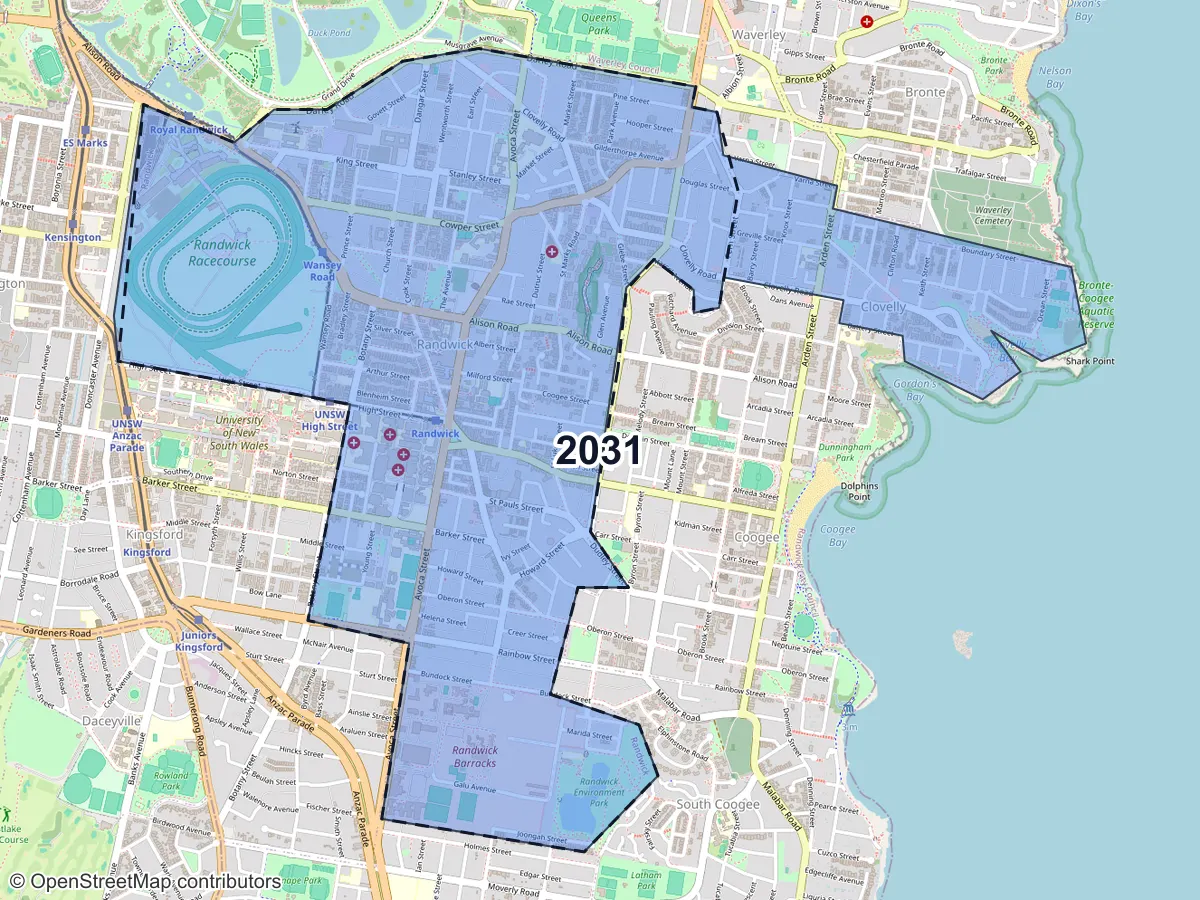 Map of Randwick, NSW, showing its postcode areas as colored shapes and the suburb outline as a dashed line