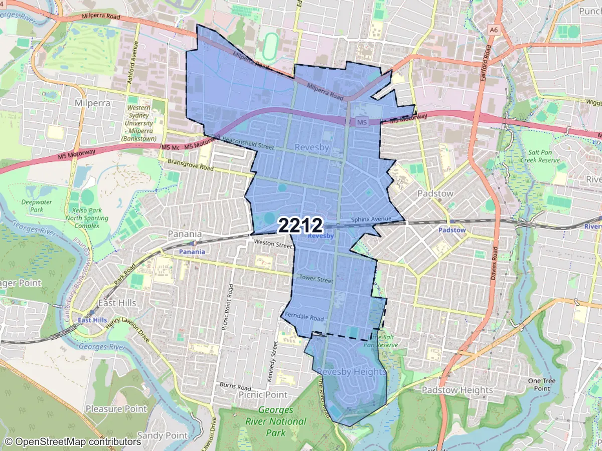 Map of Revesby, NSW, showing its postcode areas as colored shapes and the suburb outline as a dashed line