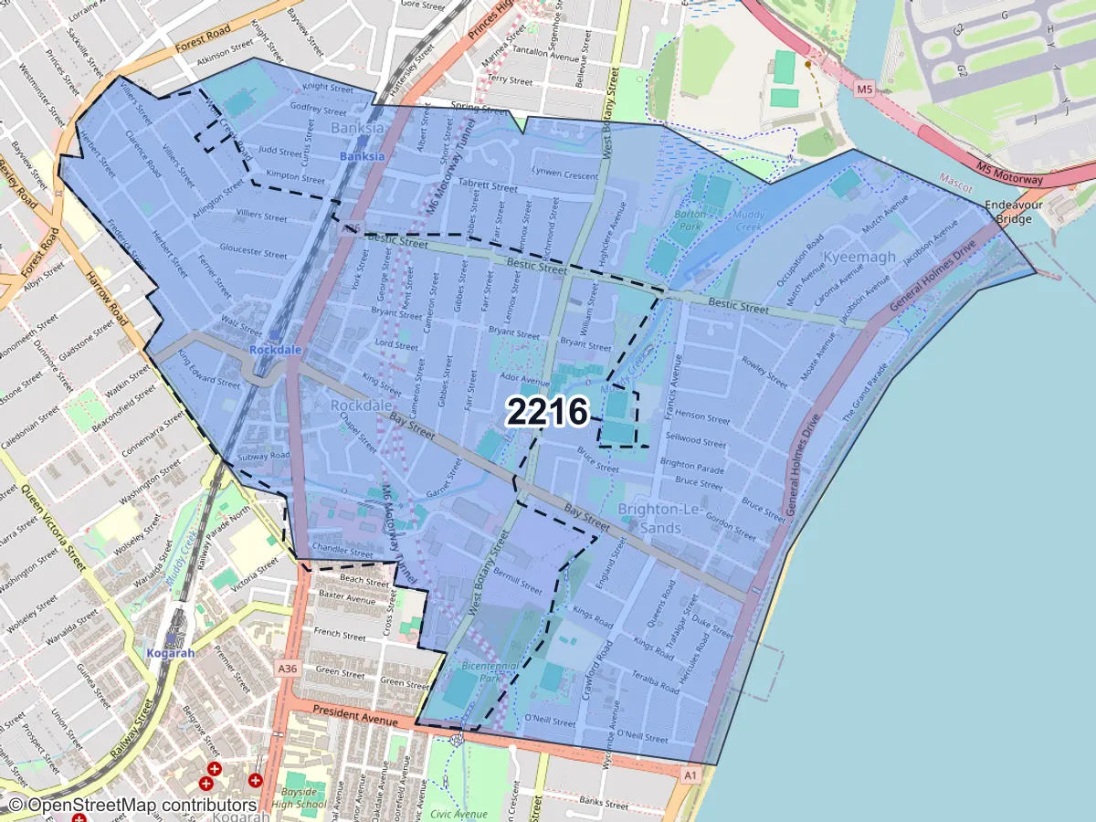 Map of Rockdale, NSW, showing its postcode areas as colored shapes and the suburb outline as a dashed line