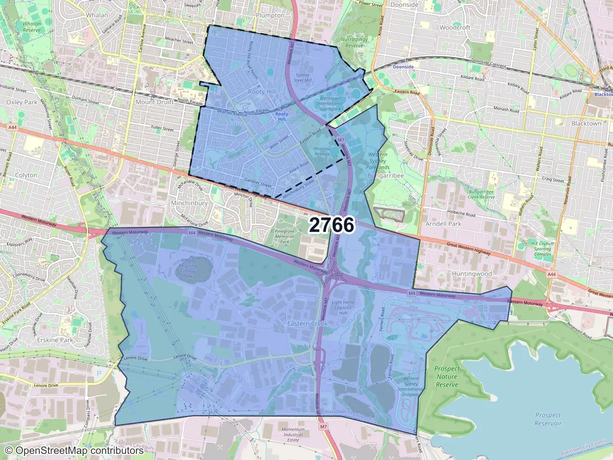 Map of Rooty Hill, NSW, showing its postcode areas as colored shapes and the suburb outline as a dashed line