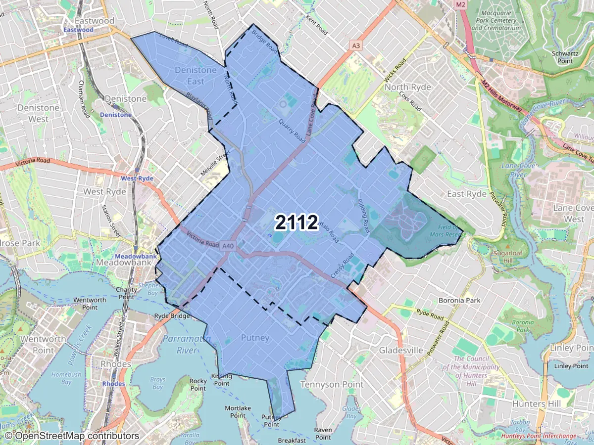 Map of Ryde, NSW, showing its postcode areas as colored shapes and the suburb outline as a dashed line