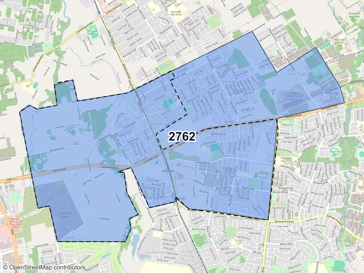 Map of Schofields, NSW, showing its postcode areas as colored shapes and the suburb outline as a dashed line