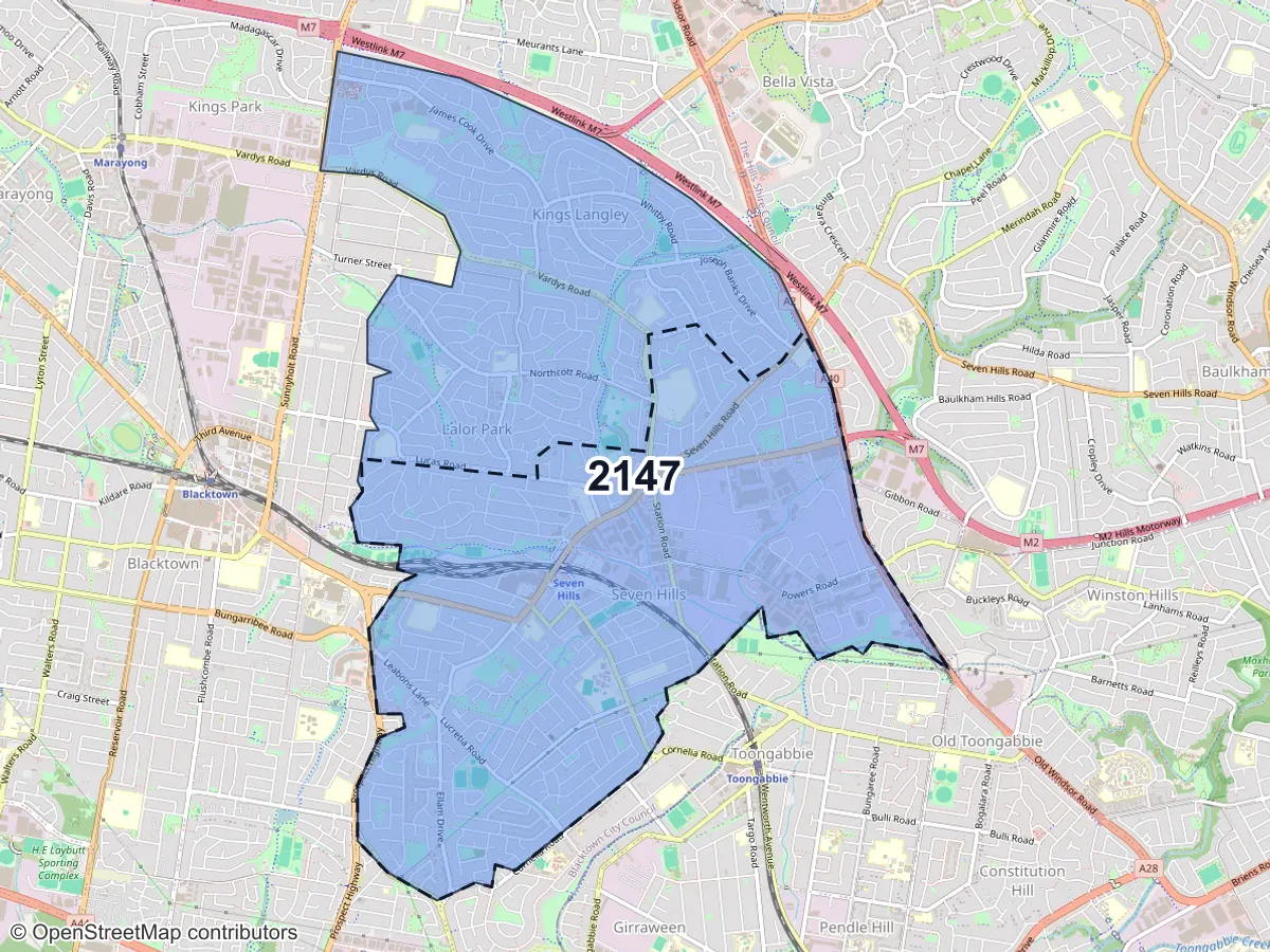 Map of Seven Hills, NSW, showing its postcode areas as colored shapes and the suburb outline as a dashed line