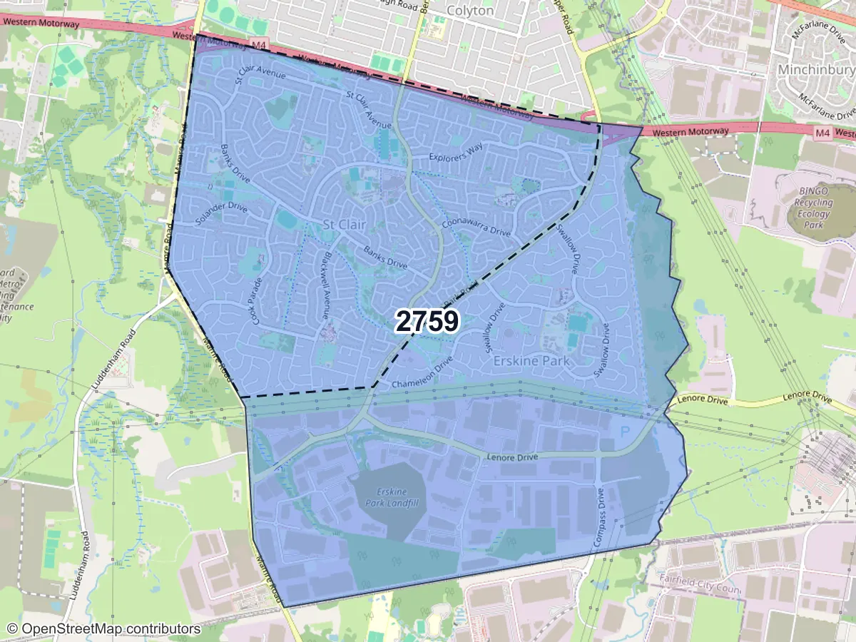 Map of St Clair, NSW, showing its postcode areas as colored shapes and the suburb outline as a dashed line