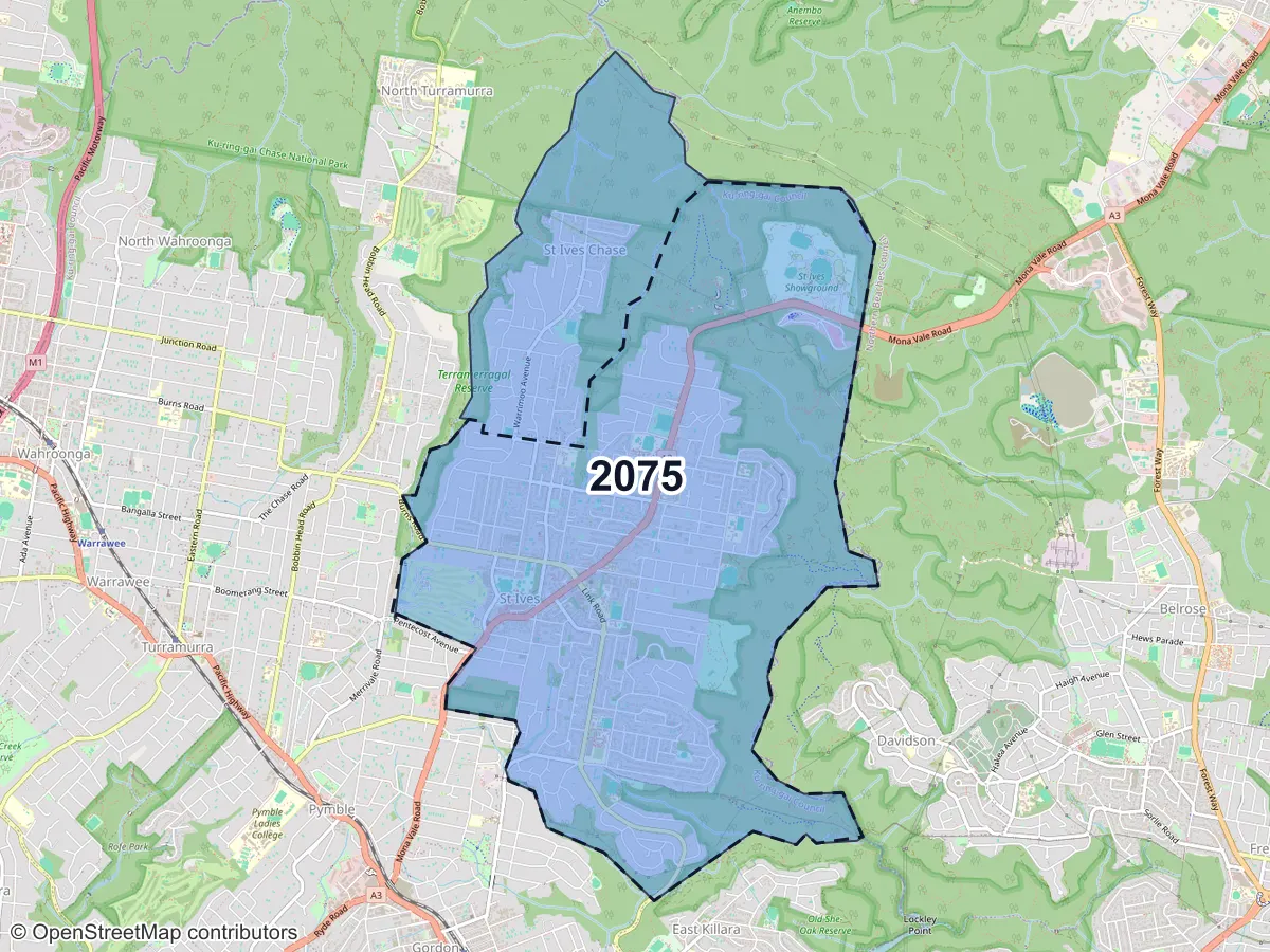 Map of St Ives, NSW, showing its postcode areas as colored shapes and the suburb outline as a dashed line
