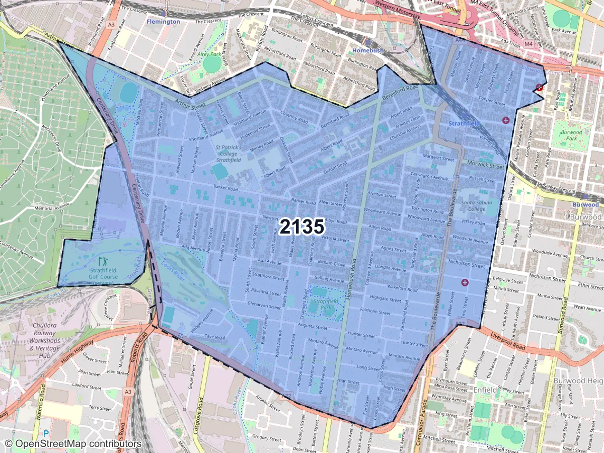 Map of Strathfield, NSW, showing its postcode areas as colored shapes and the suburb outline as a dashed line