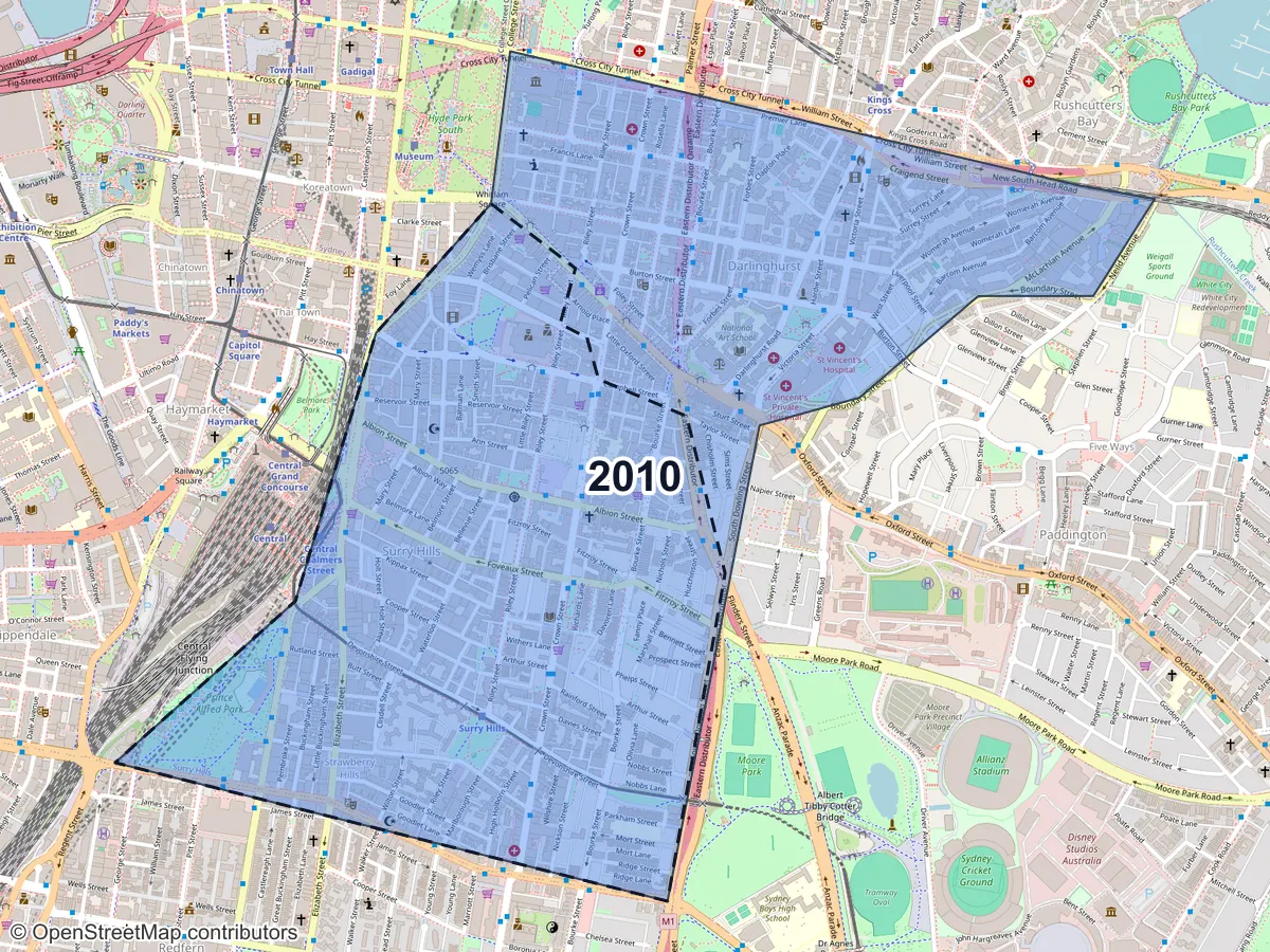 Map of Surry Hills, NSW, showing its postcode areas as colored shapes and the suburb outline as a dashed line