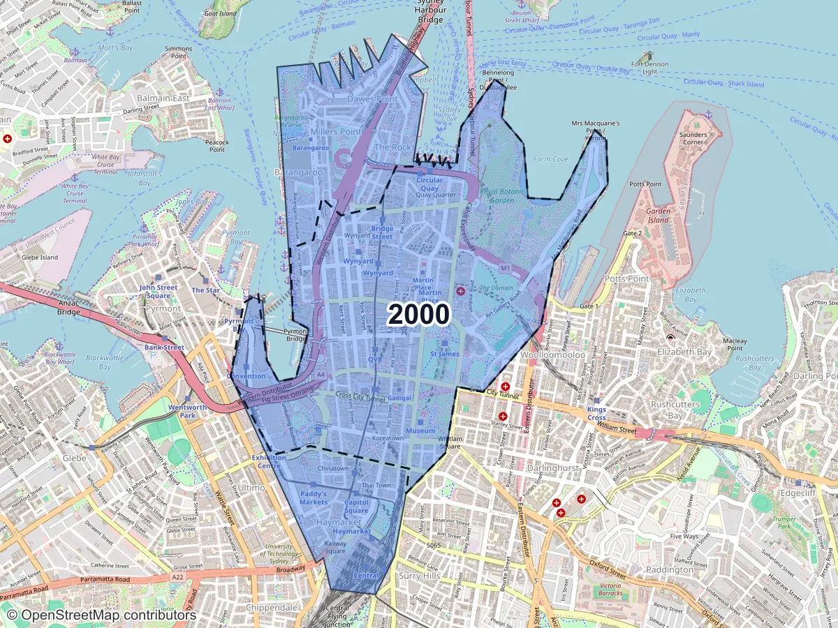 Map of Sydney, NSW, showing its postcode areas as colored shapes and the suburb outline as a dashed line