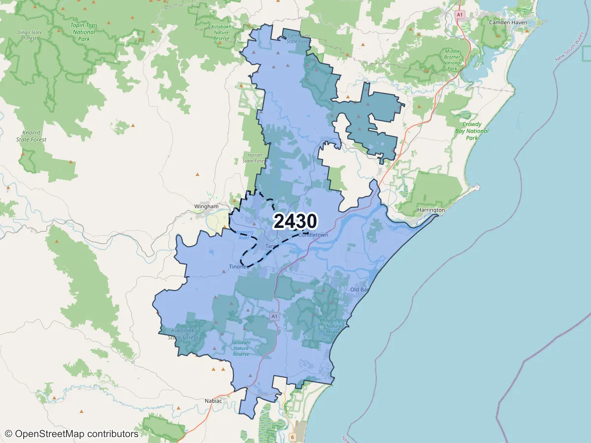 Map of Taree, NSW, showing its postcode areas as colored shapes and the suburb outline as a dashed line