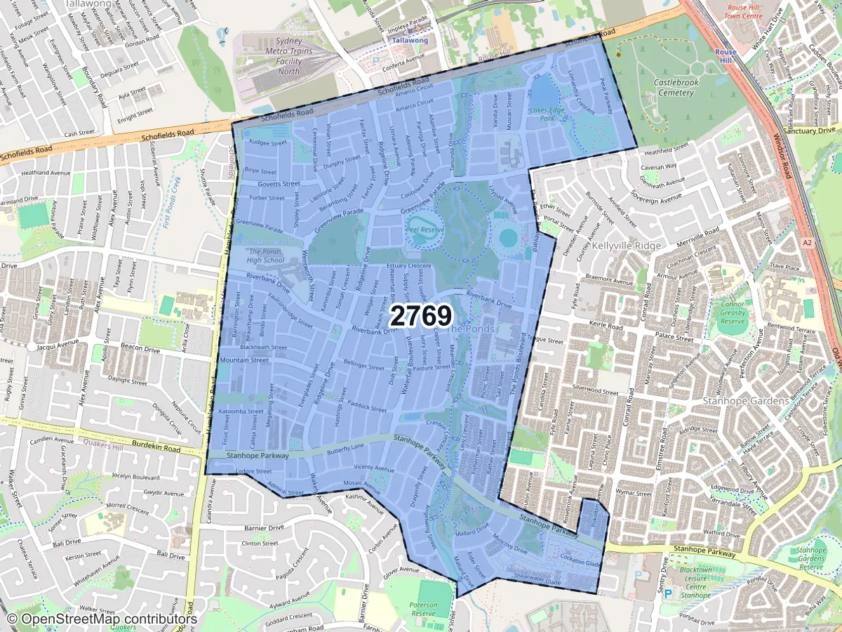 Map of The Ponds, NSW, showing its postcode areas as colored shapes and the suburb outline as a dashed line