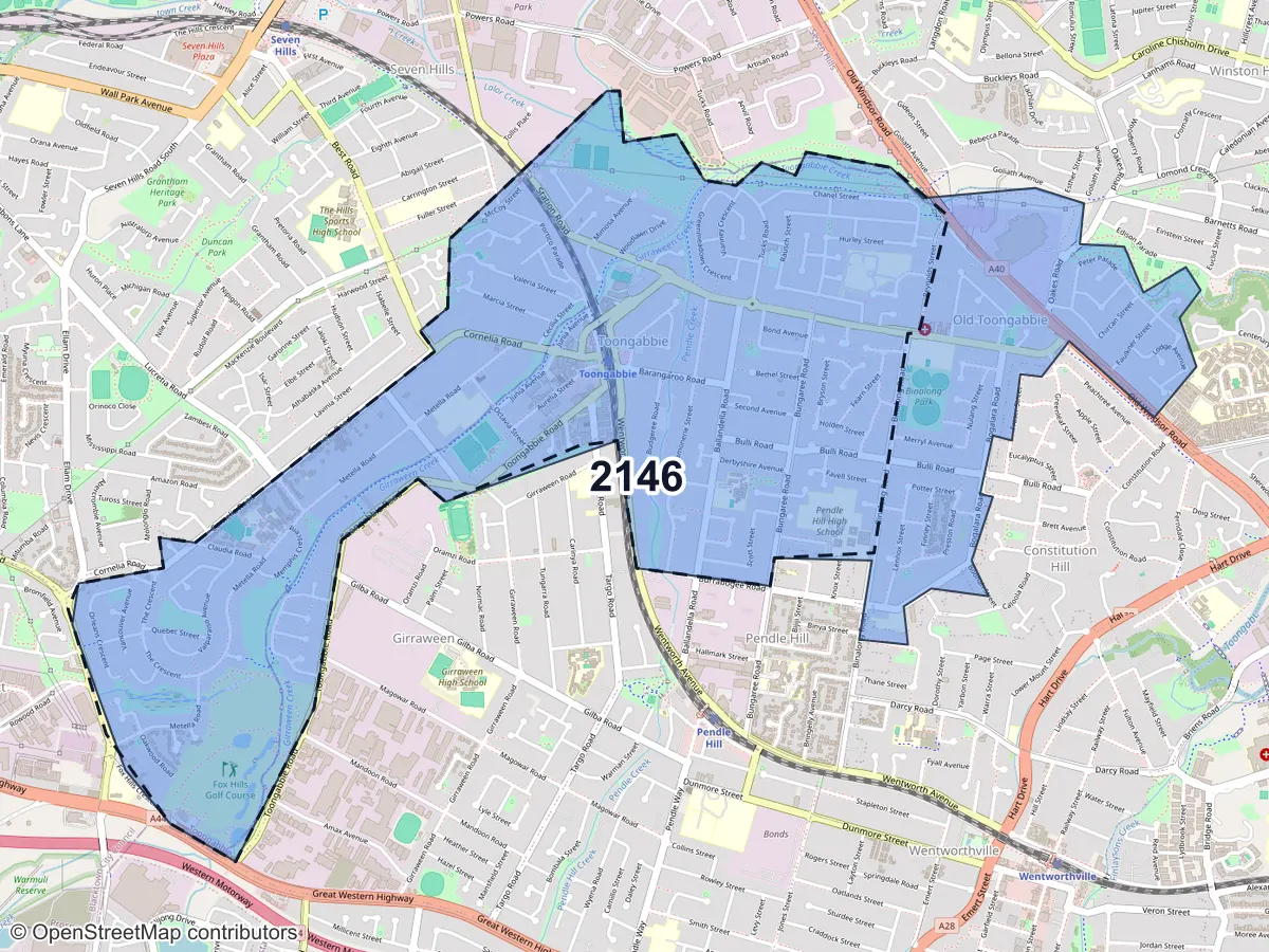 Map of Toongabbie, NSW, showing its postcode areas as colored shapes and the suburb outline as a dashed line