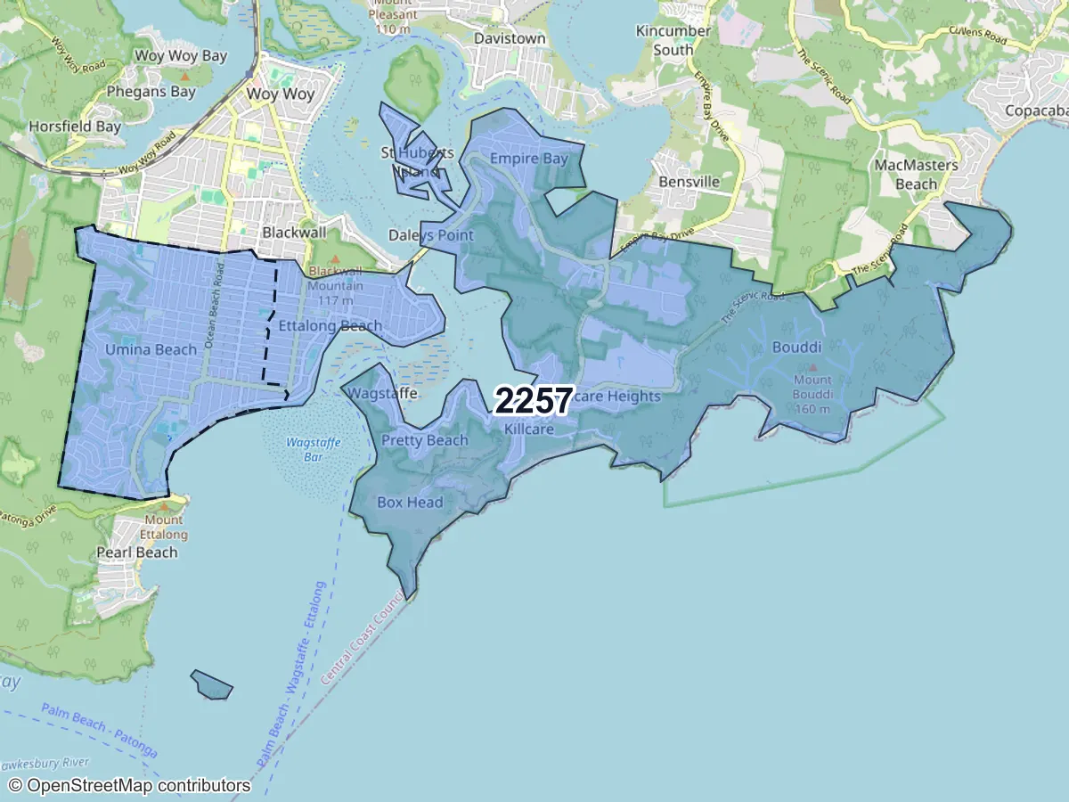 Map of Umina Beach, NSW, showing its postcode areas as colored shapes and the suburb outline as a dashed line