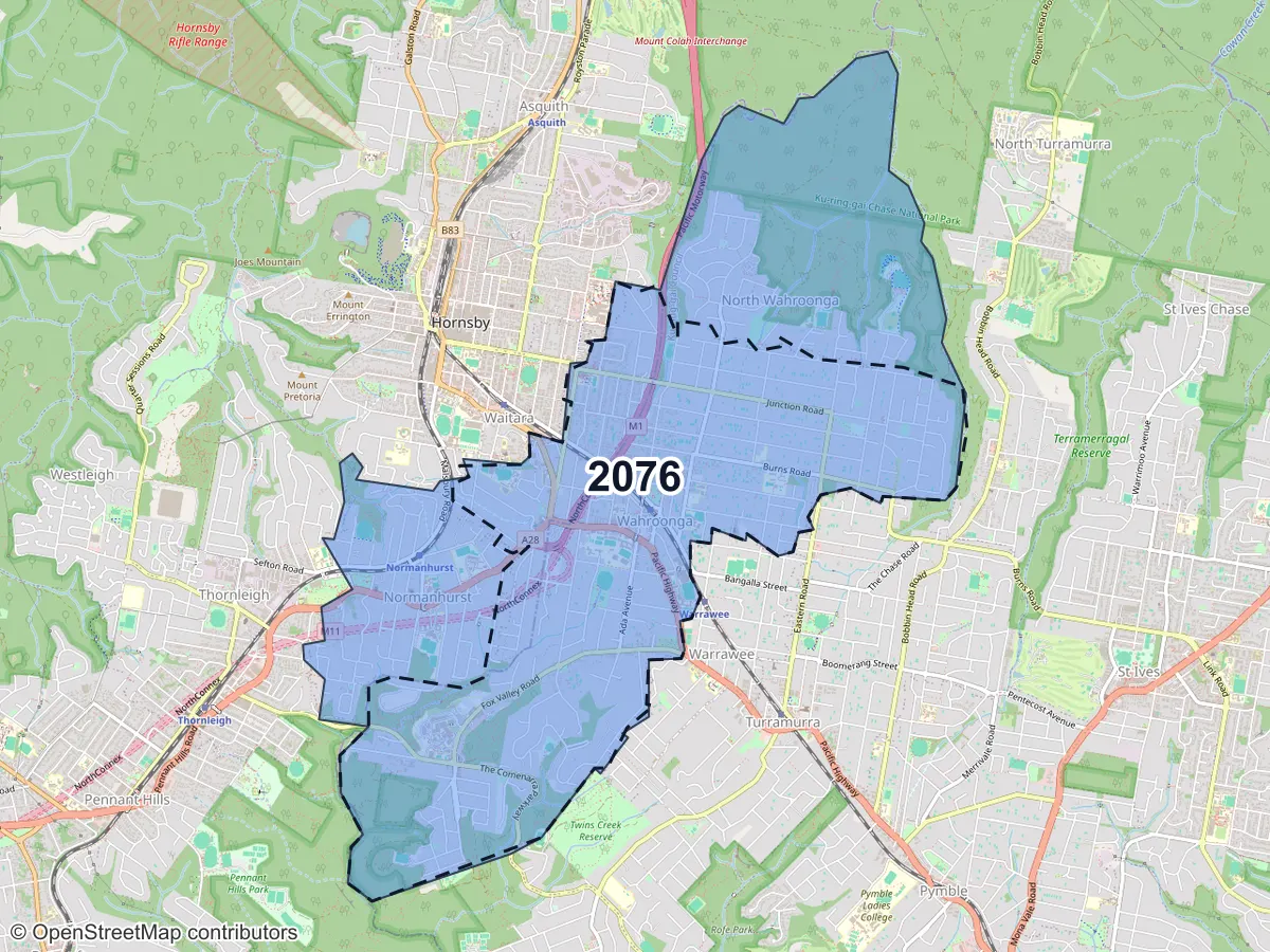 Map of Wahroonga, NSW, showing its postcode areas as colored shapes and the suburb outline as a dashed line