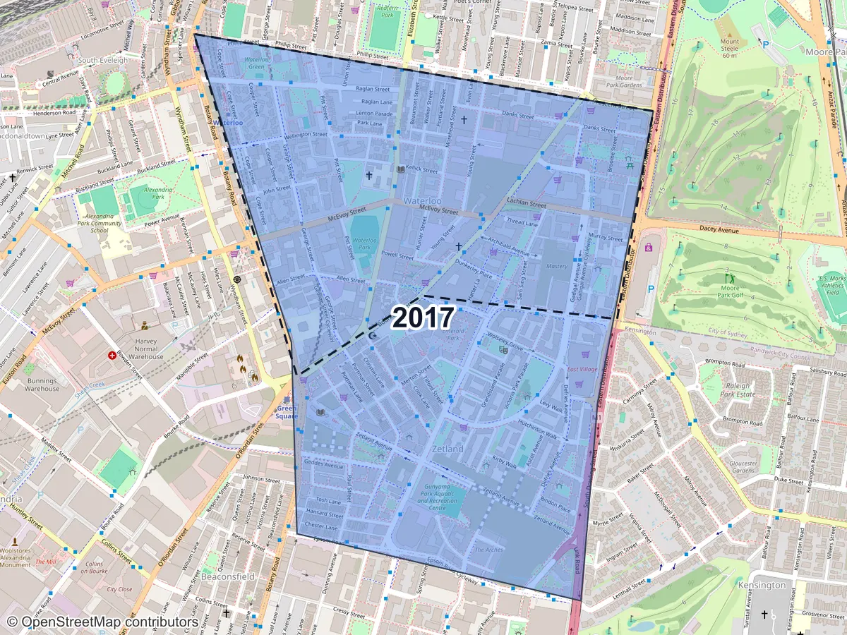 Map of Waterloo, NSW, showing its postcode areas as colored shapes and the suburb outline as a dashed line