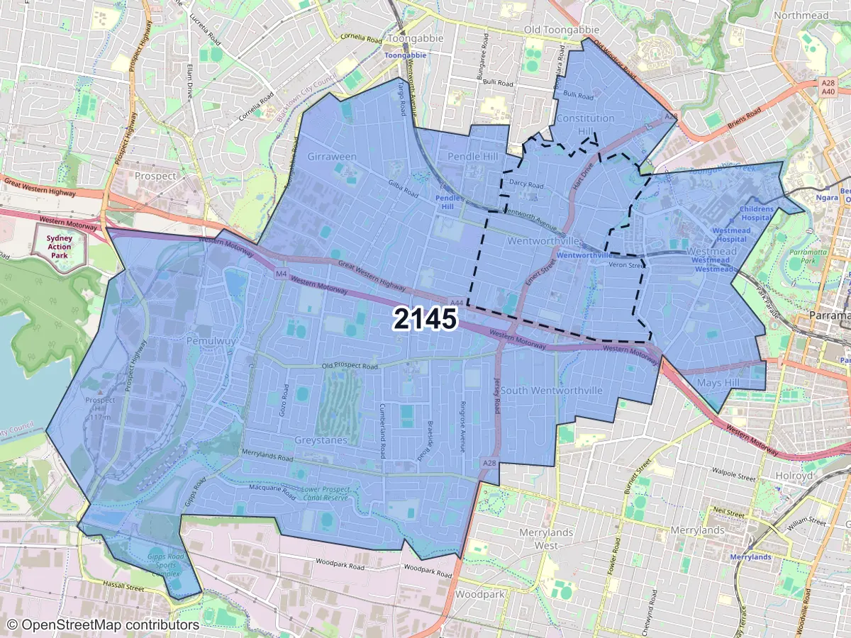 Map of Wentworthville, NSW, showing its postcode areas as colored shapes and the suburb outline as a dashed line