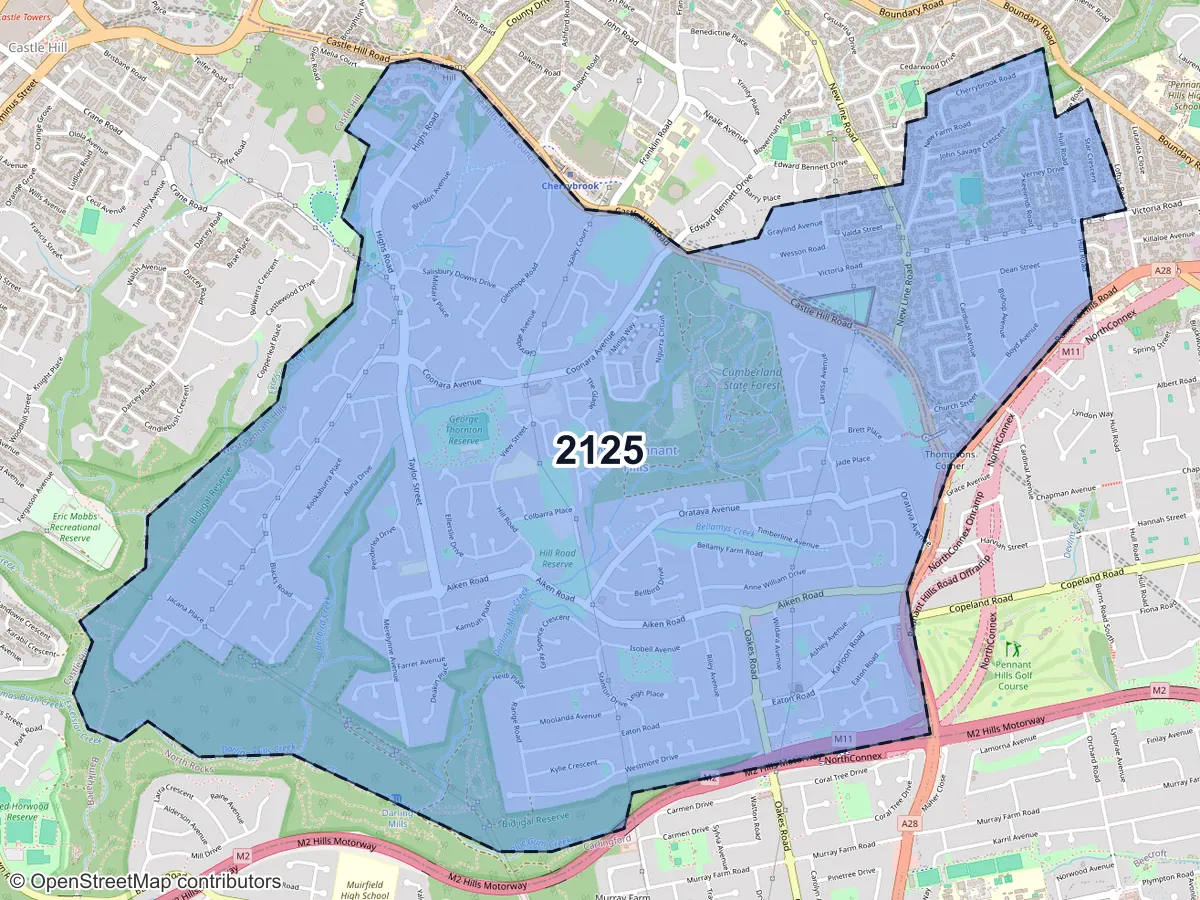 Map of West Pennant Hills, NSW, showing its postcode areas as colored shapes and the suburb outline as a dashed line