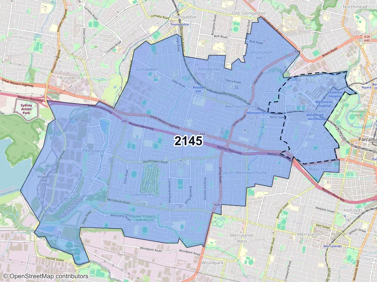 Map of Westmead, NSW, showing its postcode areas as colored shapes and the suburb outline as a dashed line