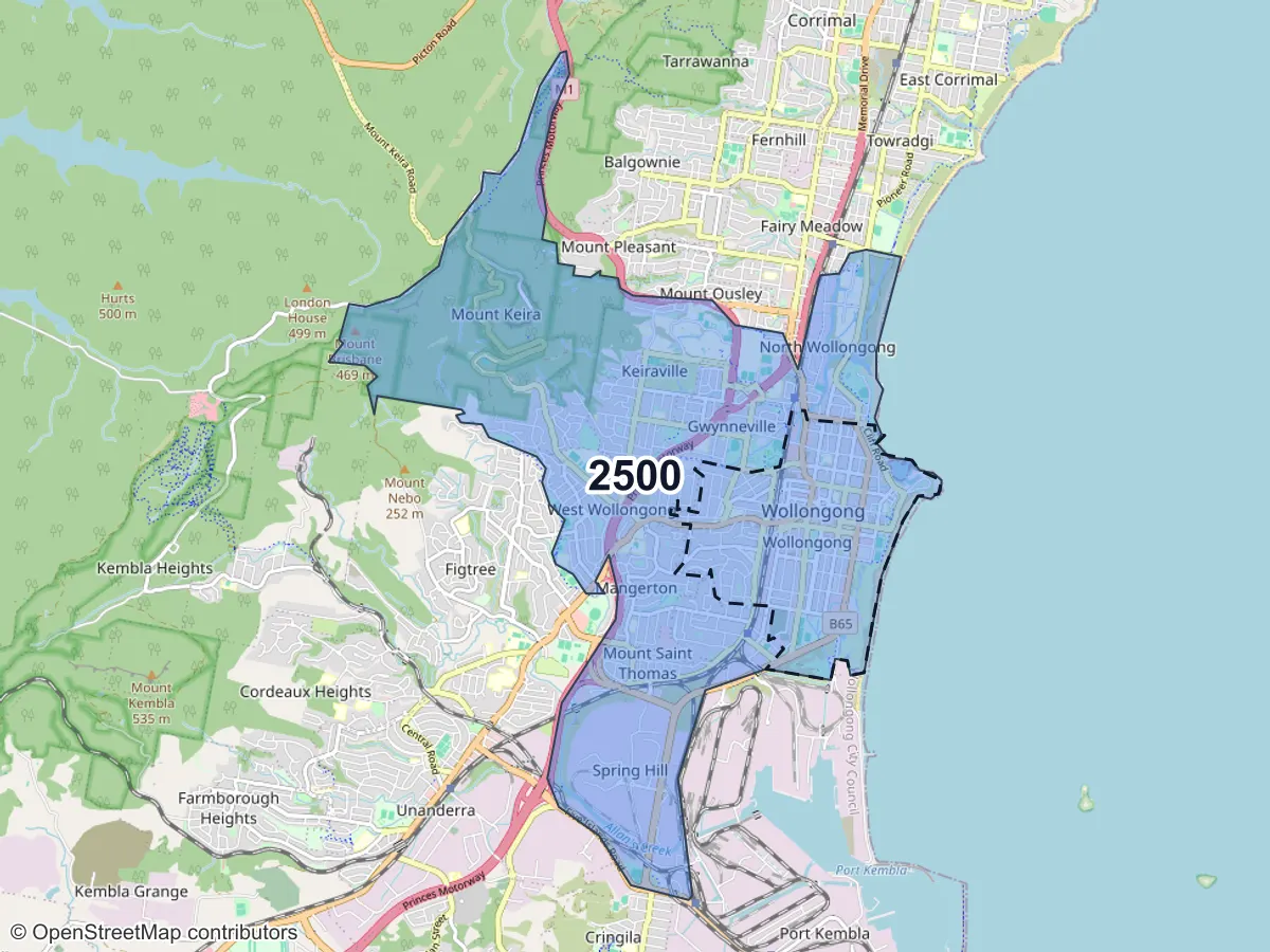 Map of Wollongong, NSW, showing its postcode areas as colored shapes and the suburb outline as a dashed line