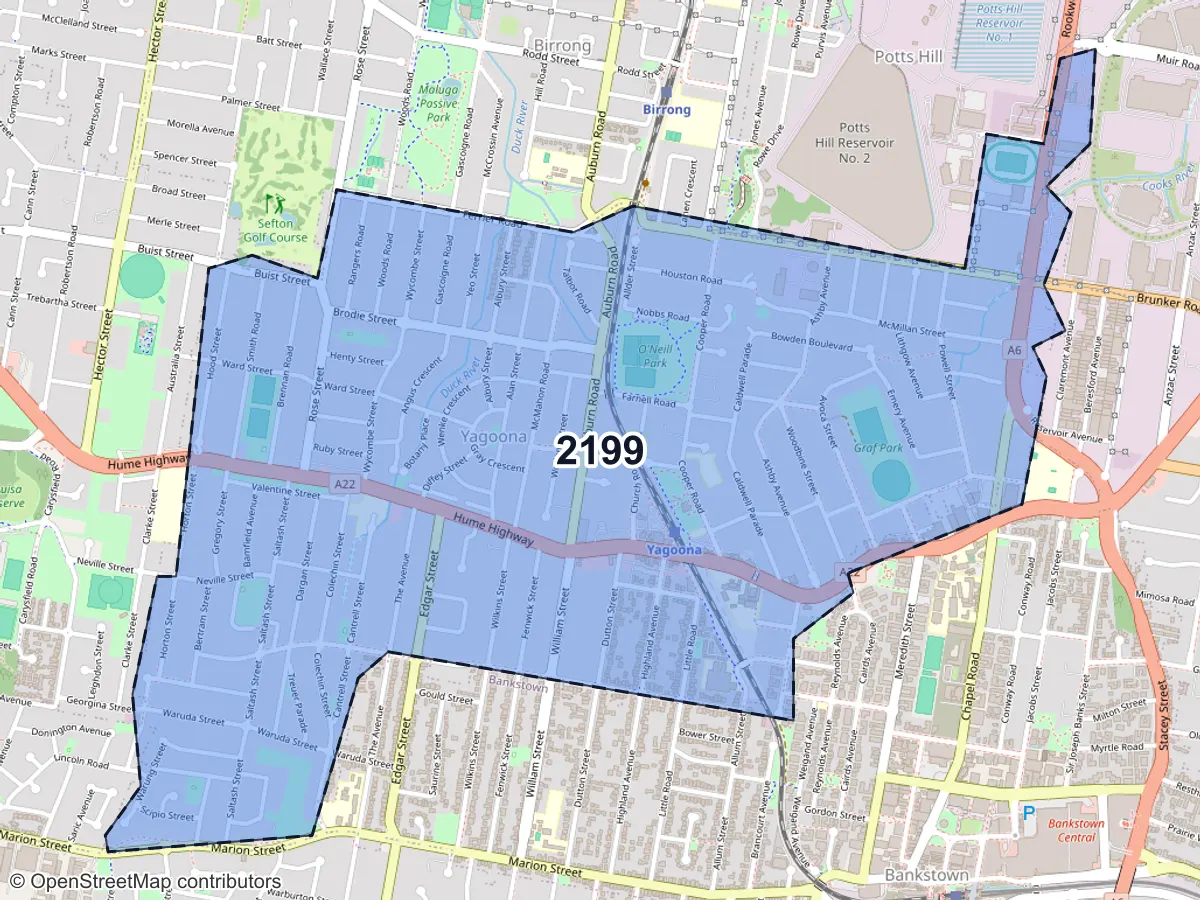 Map of Yagoona, NSW, showing its postcode areas as colored shapes and the suburb outline as a dashed line