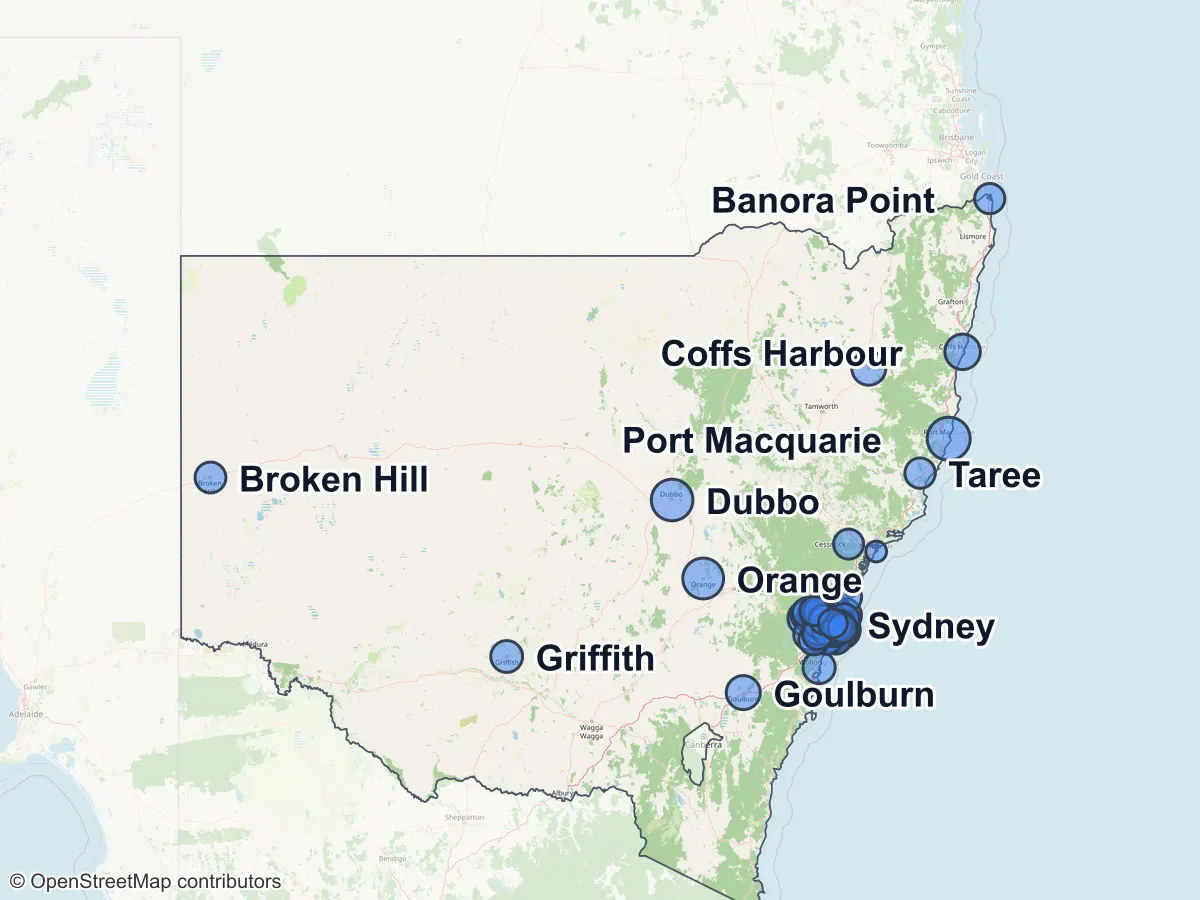 Map of New South Wales with a circle for each of its largest suburbs