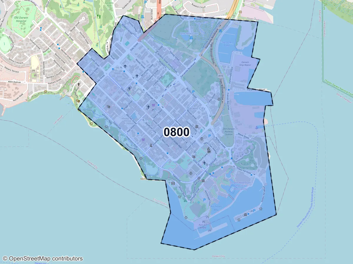 Map of Darwin City, NT, showing its postcode areas as colored shapes and the suburb outline as a dashed line