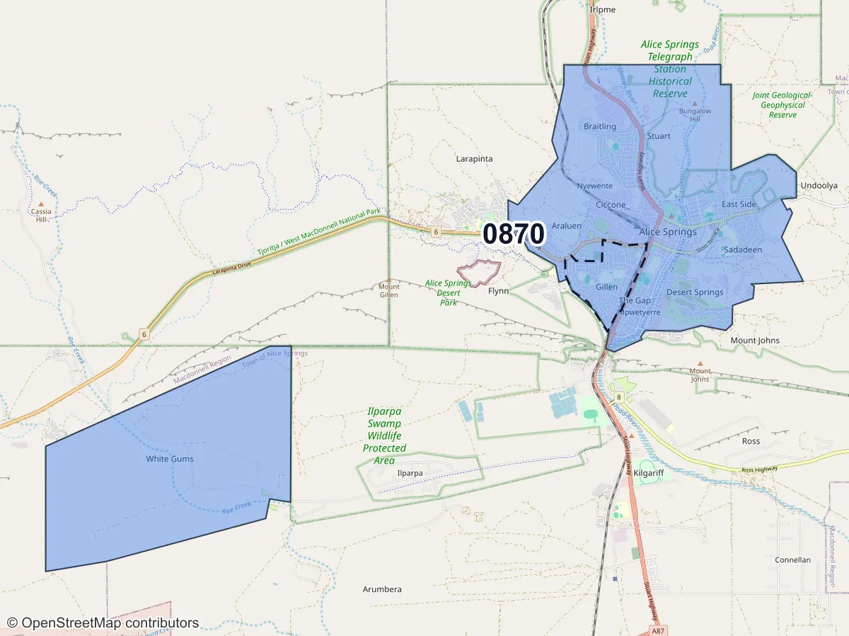 Map of Gillen, NT, showing its postcode areas as colored shapes and the suburb outline as a dashed line
