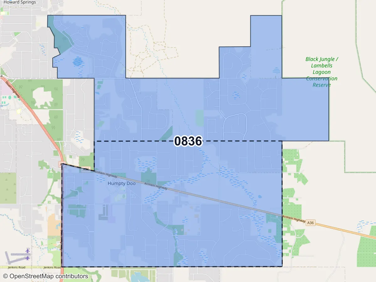 Map of Humpty Doo, NT, showing its postcode areas as colored shapes and the suburb outline as a dashed line