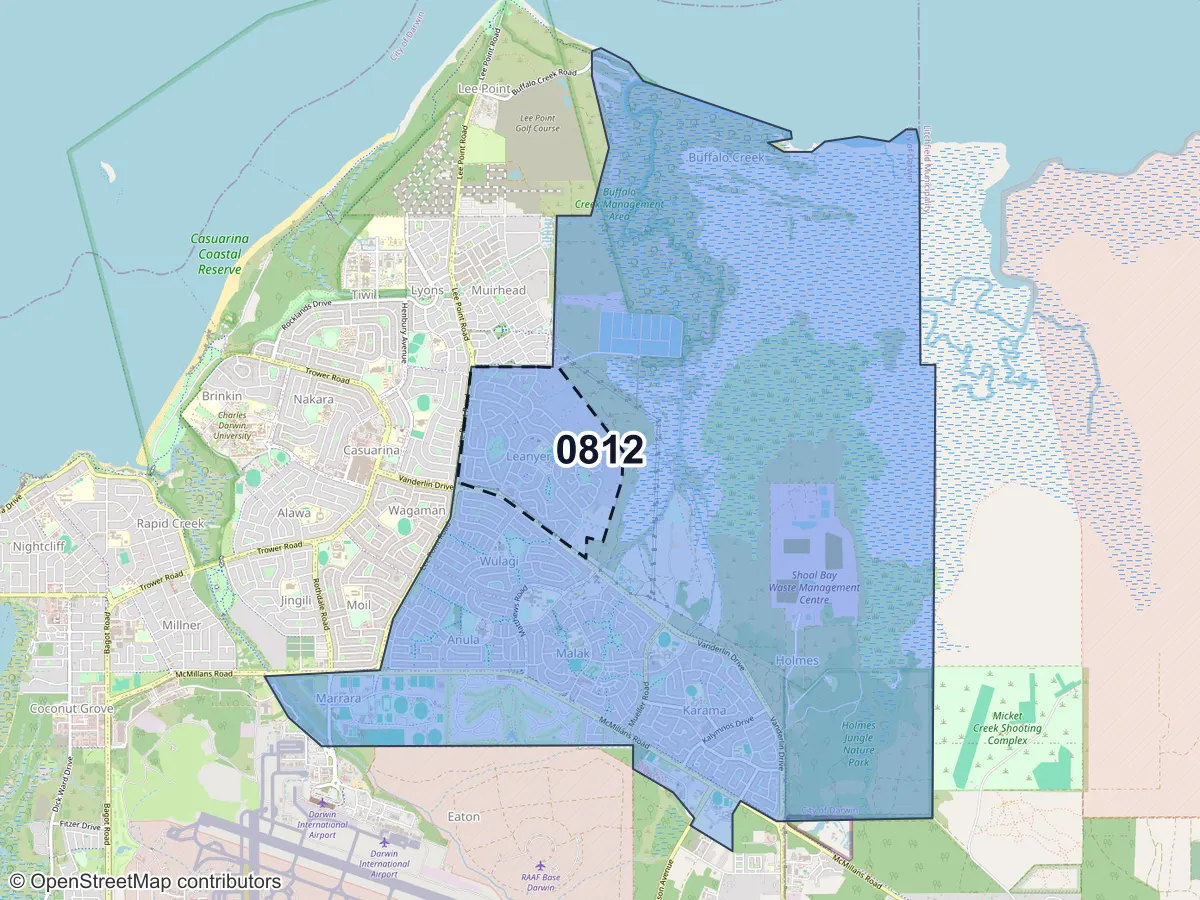 Map of Leanyer, NT, showing its postcode areas as colored shapes and the suburb outline as a dashed line